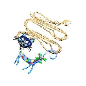 Betsey Johnson Necklace Blue Enamel Polka Dot Cat Gold Tone